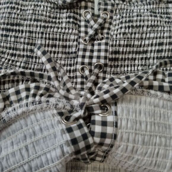 Express Black and White Smocked Lace Up Stretchy Gingham Tube Top Women's Large - Picture 7 of 12